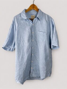 L.L. Bean Men’s Size Large Tall 100% Linen Blue Short-Sleeve Button-Down Shirt